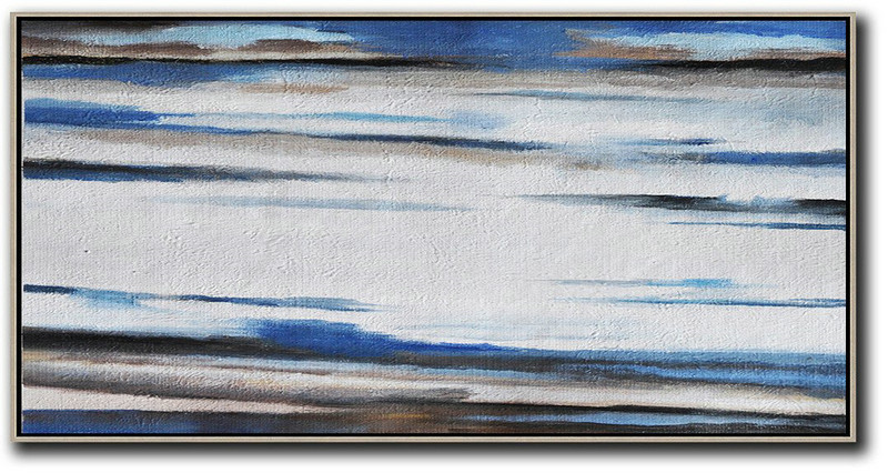 Hand Painted Panoramic Abstract Painting,Large Abstract Art Handmade Acrylic Painting,White,Blue,Brown